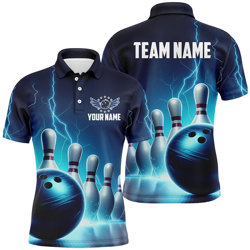 Mens Bowling Polo Shirts Custom Blue Thunder Lightning Bowling Team Jerseys Bowler Outfits IPHW5395