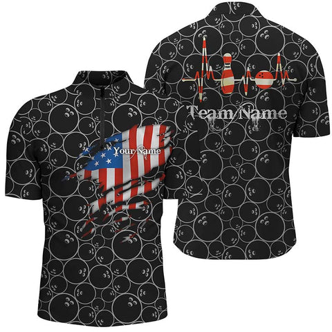 Men Quarter Zip Black Bowling Ball Customize Ameircan Flag Bowling Shirts For Men, Quarter Zip Bowling Shirt IPHW3806