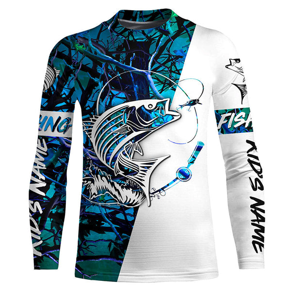 Custom Striped Bass Long Sleeve Fishing Shirts, Striper Bass Shirt Fishing Jerseys | Blue Camo IPHW3952