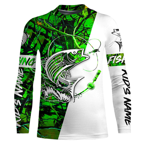 Custom Striped Bass Long Sleeve Fishing Shirts, Striper Bass Shirt Fishing Jerseys | Green Camo IPHW3953