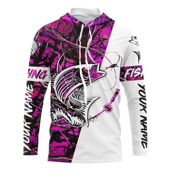 Custom Striped Bass Long Sleeve Fishing Shirts, Striper Bass Fishing Jerseys For Women | Pink Camo IPHW3954