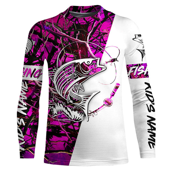 Custom Striped Bass Long Sleeve Fishing Shirts, Striper Bass Fishing Jerseys For Women | Pink Camo IPHW3954