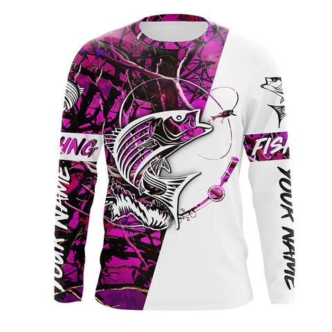 Custom Striped Bass Long Sleeve Fishing Shirts, Striper Bass Fishing Jerseys For Women | Pink Camo IPHW3954
