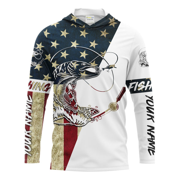 Personalized Northern Pike Fishing American Flag Long Sleeve Fishing Shirts, Patriotic Fishing gifts - IPHW1255