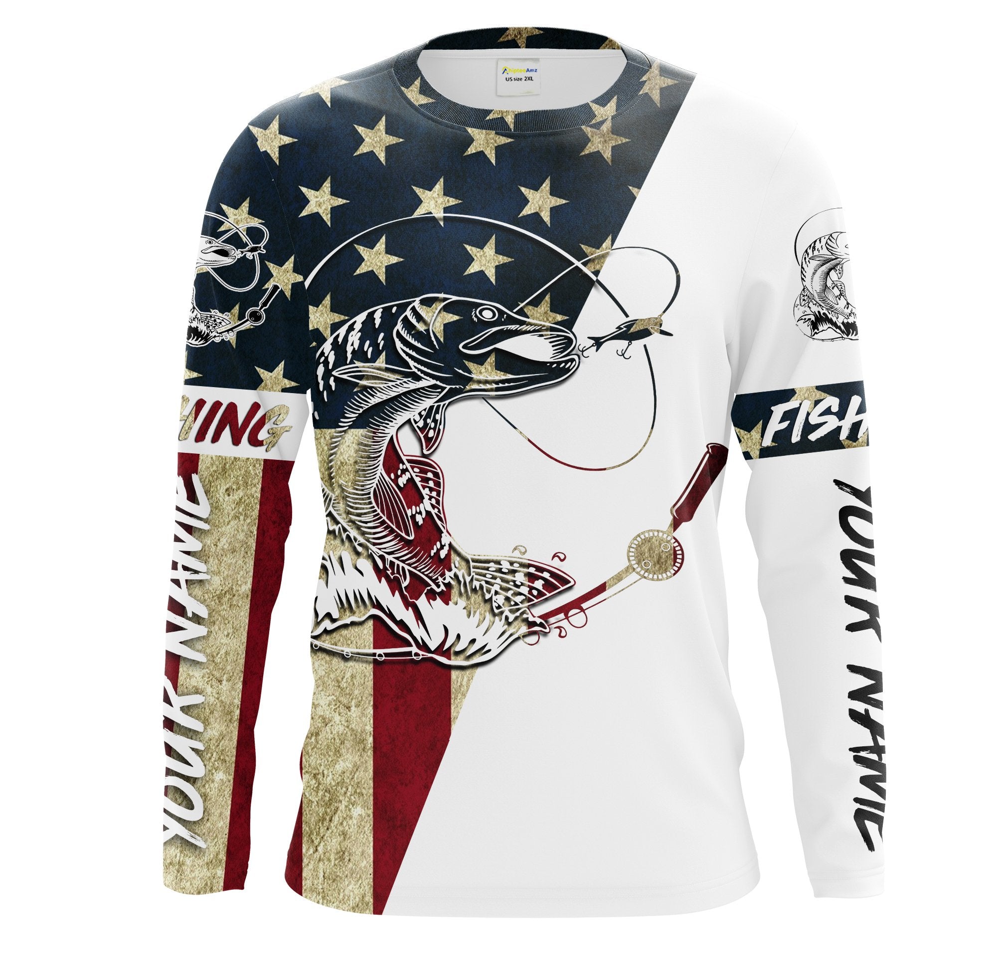 Personalized Northern Pike Fishing American Flag Long Sleeve Fishing Shirts, Patriotic Fishing gifts - IPHW1255