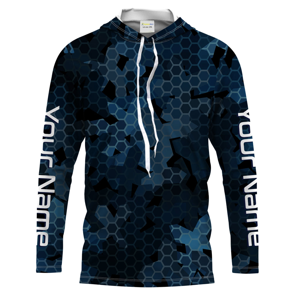 Dark Blue Camo Custom UV Long Sleeve Performance Fishing Shirts, Camouflage Fishing Apparel - IPHW1578, Long Sleeves UPF / 2XL