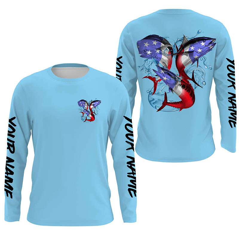 Personalized Mahi Mahi, Wahoo, Tuna American Flag Fishing Shirts