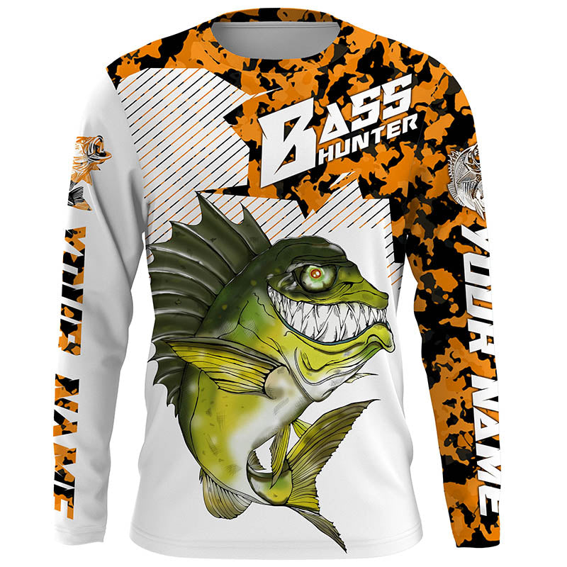 Angry Bass Custom Long sleeve Fishing Shirts, Bass hunter Fishing jerseys | orange camo halloween IPHW3425