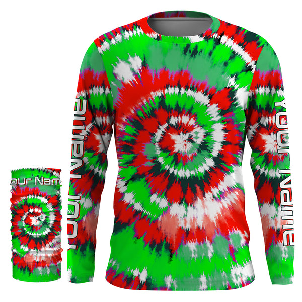 Green and red Christmas Tie dye Custom Shirts, Long Sleeve performance Christmas Fishing gifts - IPHW1719