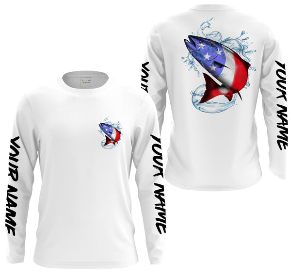 Chinook King Salmon American Flag Custom Long Sleeve Fishing Shirts, Patriotic salmon tournament Fishing apparel - IPHW1438