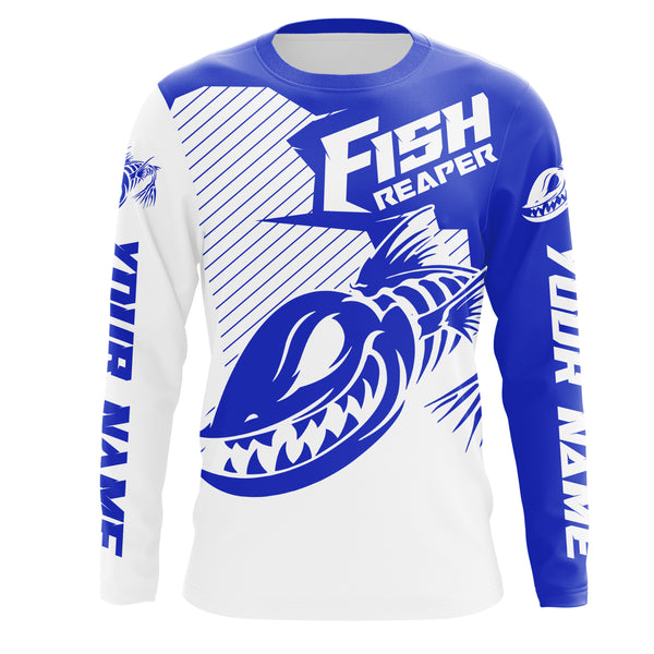 Fish reaper skull Custom Long Sleeve performance Fishing Shirts, Skull Fishing jerseys | blue IPHW3132