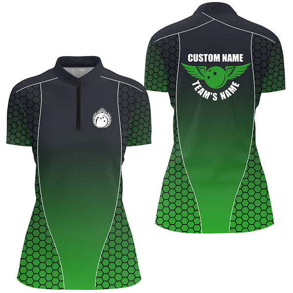 Custom Bowling Shirts With Names For Women, Flaming Bowling Ball Bowling Team Shirts | Green IPHW4241