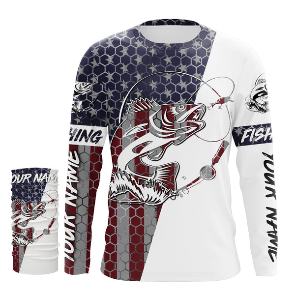 Walleye Fishing American Flag Custom Long Sleeve performance Fishing shirts, personalized Patriotic Fishing jerseys - IPHW2205