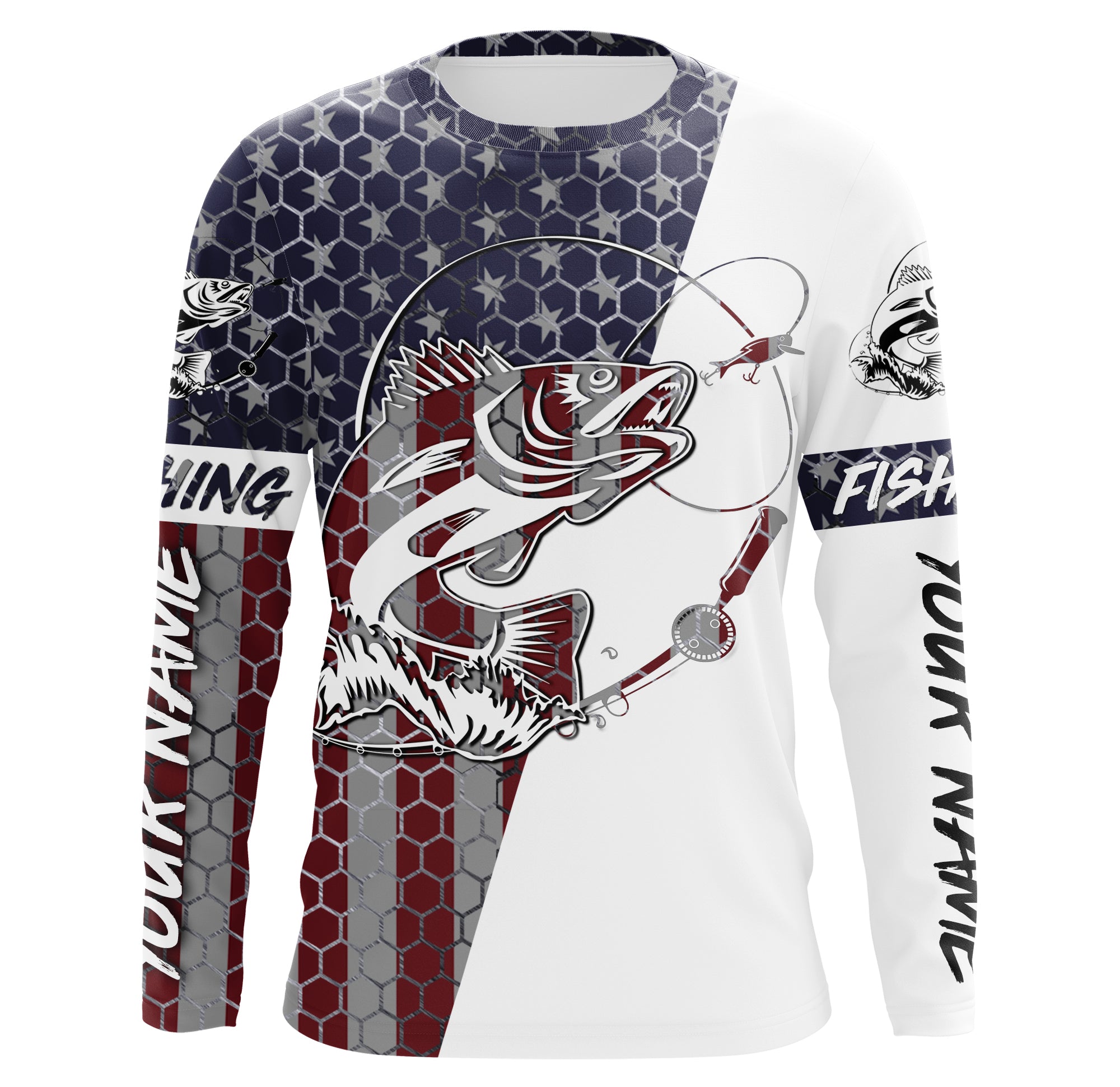 Walleye Fishing American Flag Custom Long Sleeve performance Fishing shirts, personalized Patriotic Fishing jerseys - IPHW2205