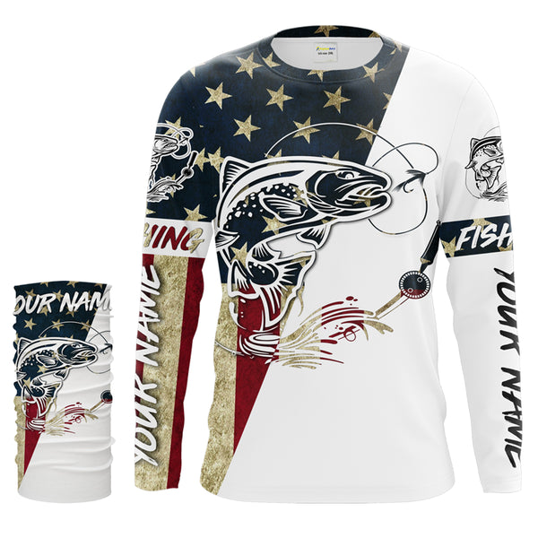 Trout Fish American Flag Custom UV Long Sleeve Fishing Shirts, Trout Fishing jerseys Patriotic Fishing apparel - IPHW1594