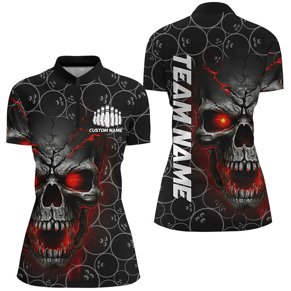 Custom Red Skull Bowling Polo Shirts For Women, Bowling Pattern Bowling Team Jerseys IPHW5234