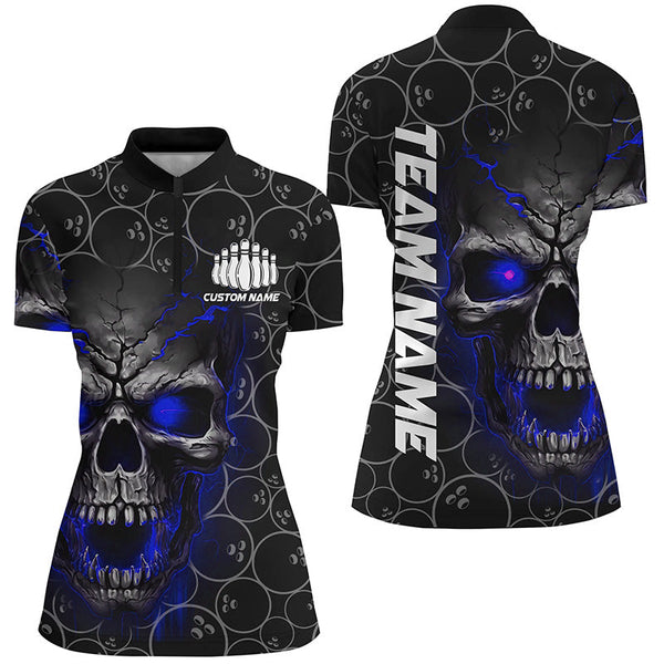 Custom Blue Skull Bowling Polo Shirts For Women, Bowling Pattern Bowling Team Jerseys IPHW5235