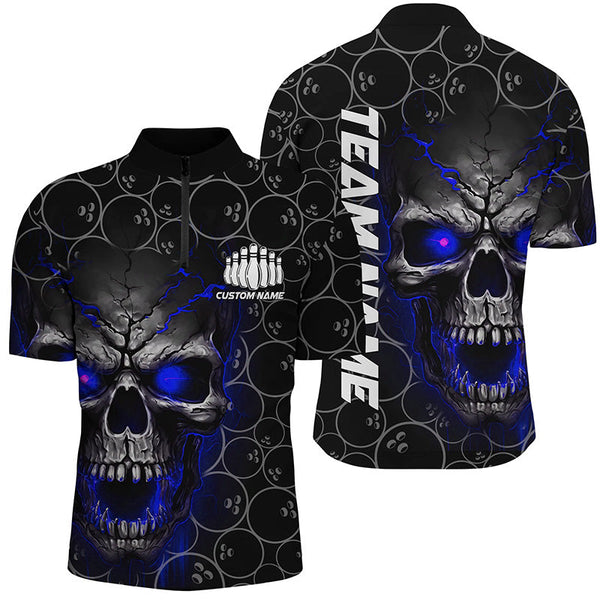 Custom Blue Skull Bowling Polo Shirts For Men, Bowling Pattern Bowling Team Jerseys IPHW5235