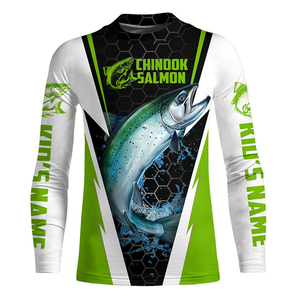 Custom Chinook King Salmon Fishing Jerseys, Salmon Long Sleeve Tournament Fishing Shirts | Green IPHW6065