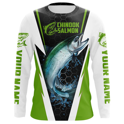 Custom Chinook King Salmon Fishing Jerseys, Salmon Long Sleeve Tournament Fishing Shirts | Green IPHW6065
