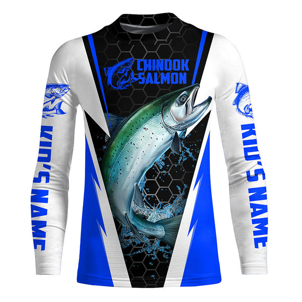 Custom Chinook King Salmon Fishing Jerseys, Salmon Long Sleeve Tournament Fishing Shirts | Blue IPHW6066
