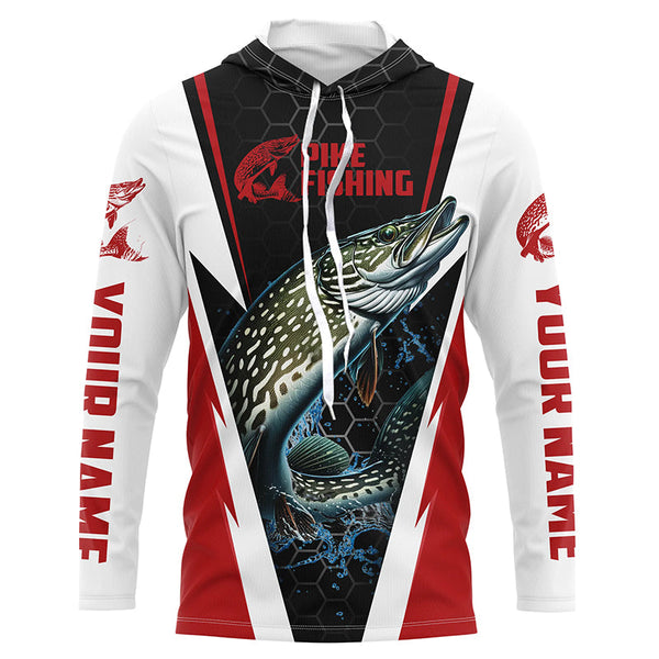 Custom Northern Pike Fishing Jerseys, Pike Long Sleeve Performance Fishing Shirts | Red IPHW6069