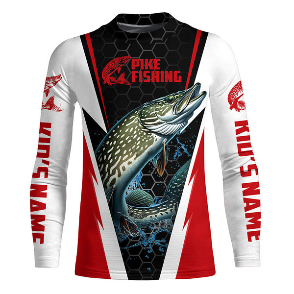 Custom Northern Pike Fishing Jerseys, Pike Long Sleeve Performance Fishing Shirts | Red IPHW6069