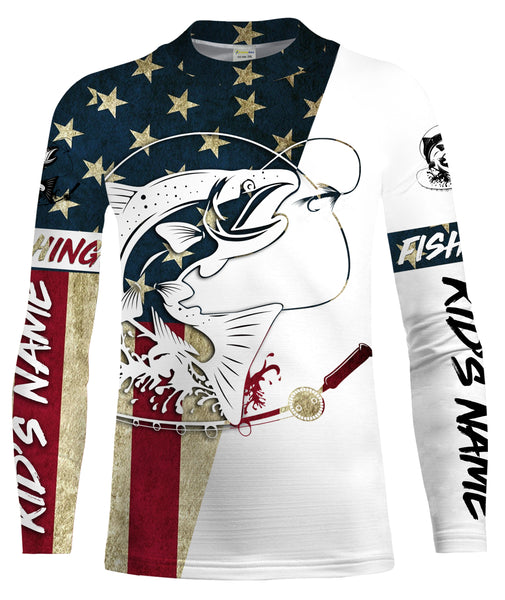 Salmon Fishing American Flag Custom UV Long Sleeve Fishing Shirts, Patriotic Fishing apparel - IPHW1596