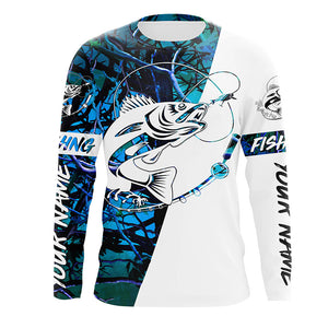 Walleye Custom Fishing Shirts, Walleye Tournament Fishing Shirt Fishing Gifts | Teal Blue Camo IPHW3596 Long Sleeves UPF / L