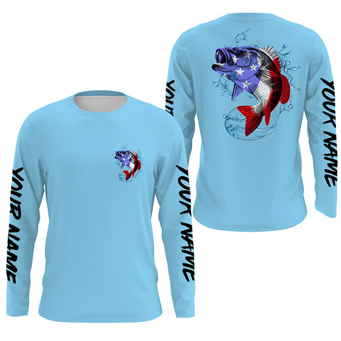 Bass Fishing American Flag Custom Long sleeve Fishing Shirts, Patriotic Bass Fishing jerseys | blue IPHW3695