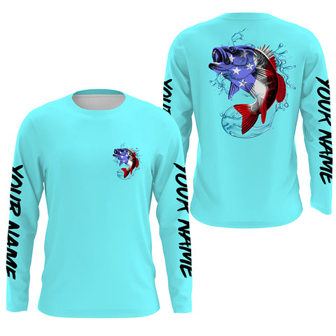Bass Fishing American Flag Custom Long sleeve Fishing Shirts, Patriotic Bass Fishing jerseys | blue IPHW3696