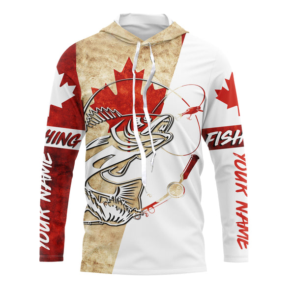 Canada Flag Walleye Fishing Custom long sleeve performance Fishing Shirts, Walleye Fishing jerseys IPHW2853