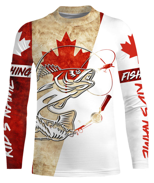 Canada Flag Walleye Fishing Custom long sleeve performance Fishing Shirts, Walleye Fishing jerseys IPHW2853