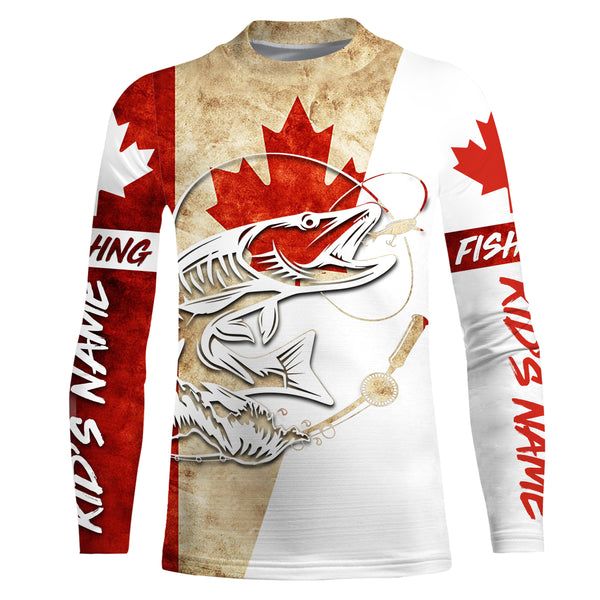 Canada Flag Musky Fishing Custom long sleeve performance Fishing Shirts, Muskie Fishing jerseys IPHW2971
