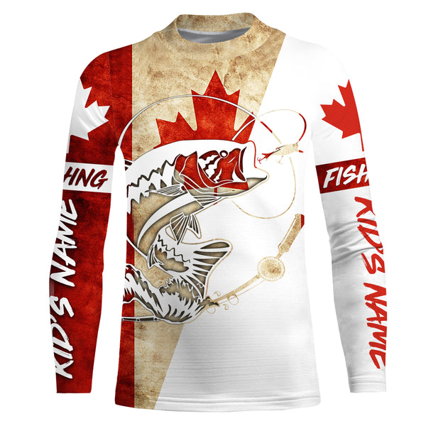 Canada Flag Smallmouth Bass Custom long sleeve performance Fishing Shirts, Bass Fishing jerseys IPHW2974