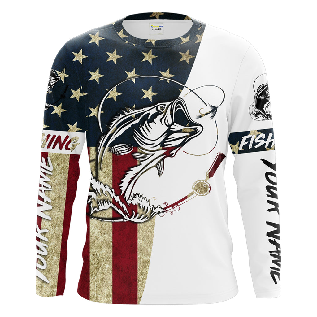 Bass fish Fly Fishing American Flag Custom UV Long Sleeve Fishing Shir –  Myfihu