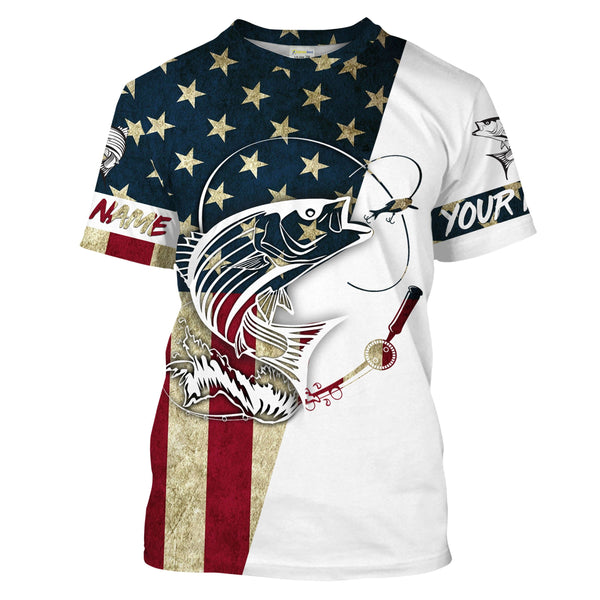 Striped Bass Fishing American Flag Custom UV Long Sleeve Fishing Shirts, personalized Patriotic Fishing gifts - IPHW1138