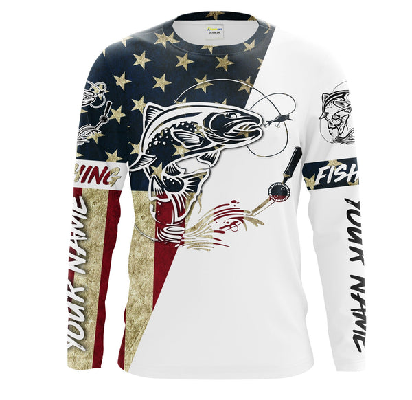 Trout Fishing American Flag Custom UV Long Sleeve Fishing Shirts, personalized Patriotic Fishing gifts - IPHW1139