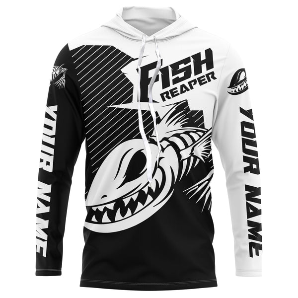 Fish reaper Custom Long Sleeve performance Fishing Shirts, Skull Fishing jerseys | black and white IPHW3186