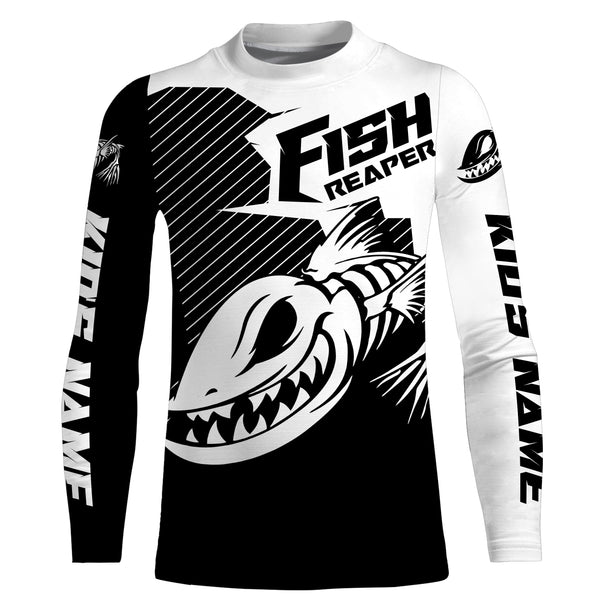 Fish reaper Custom Long Sleeve performance Fishing Shirts, Skull Fishing jerseys | black and white IPHW3186