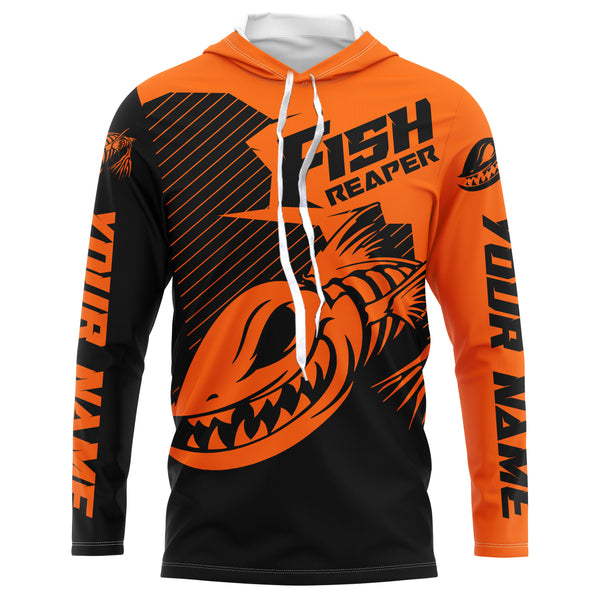 Fish reaper Custom Long Sleeve performance Fishing Shirts, Skull Fishing jerseys | black and orange IPHW3187