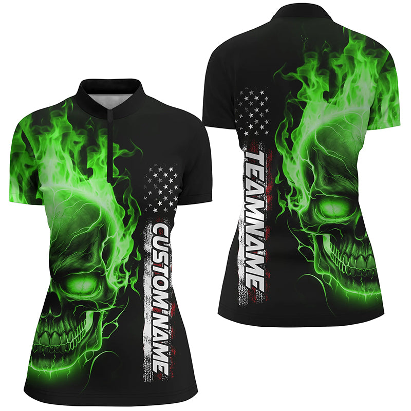 Green Flame Skull Custom Bowling 1/4 Zip Shirts For Women,  American Bowling Team Jerseys IPHW5278