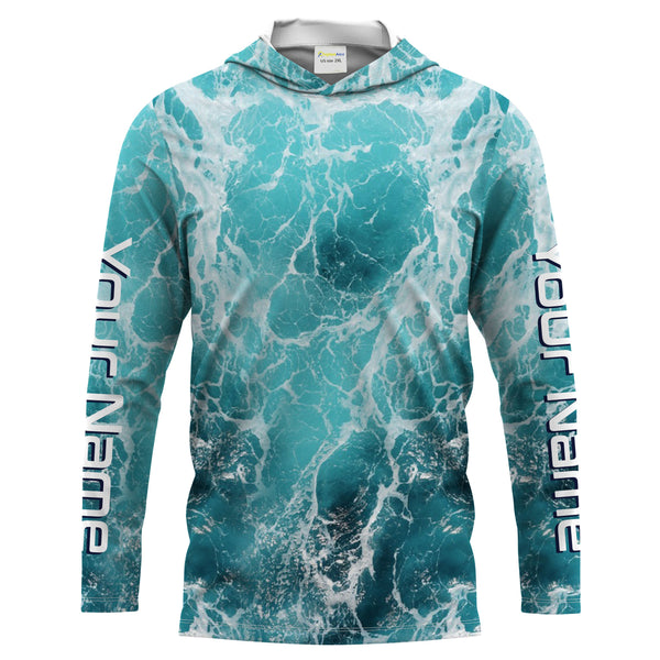 Custom Saltwater Long Sleeve performance Fishing Shirts for anglers | teal blue  Sea wave camo Fishing jerseys - IPHW1327