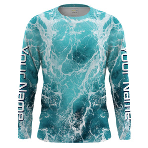 Custom Saltwater Long Sleeve performance Fishing Shirts for anglers | teal blue  Sea wave camo Fishing jerseys - IPHW1327