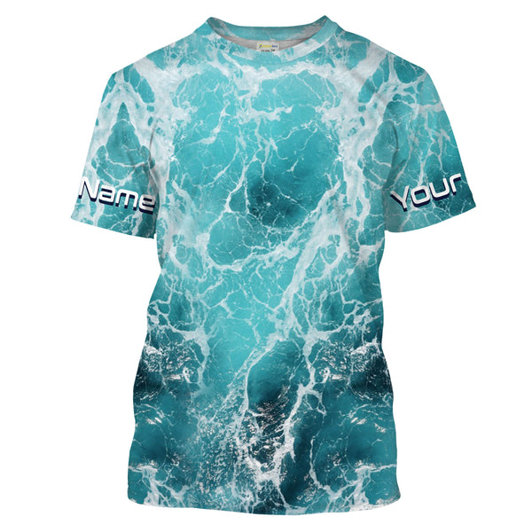 Custom Saltwater Long Sleeve performance Fishing Shirts for anglers | teal blue  Sea wave camo Fishing jerseys - IPHW1327
