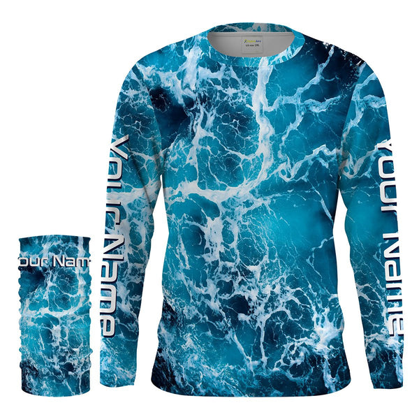 Custom Saltwater Long sleeve Fishing Shirts UV Protection, Sea wave camo Fishing Shirts - IPHW1329