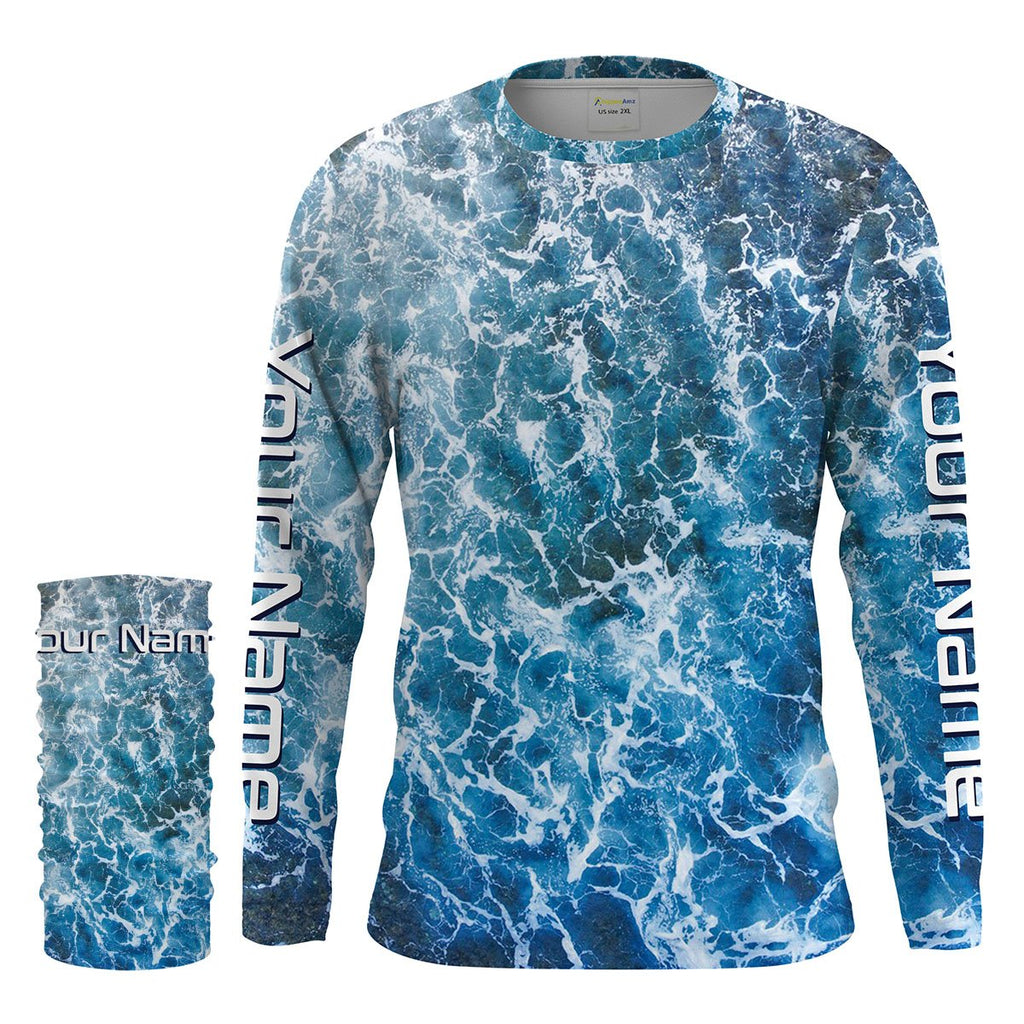 Custom Saltwater Long Sleeve Fishing Shirts UV Protection, Sea Wave Camo Fishing Shirts - IPHW1330 Long Sleeves UPF + Face Shield / 3XL