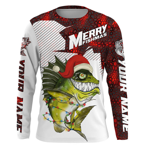 Merry Fishmas Bass Christmas Fishing Shirts, Personalized Fishing Christmas gifts | red camo IPHW3710