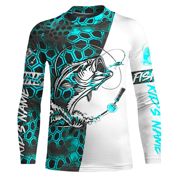 Personalized Bass Fishing Jerseys, Bass Fishing Long Sleeve Fishing Shirts | Turquoise Blue IPHW4283