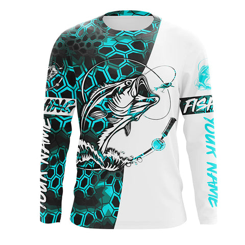 Personalized Bass Fishing Jerseys, Bass Fishing Long Sleeve Fishing Shirts | Turquoise Blue IPHW4283